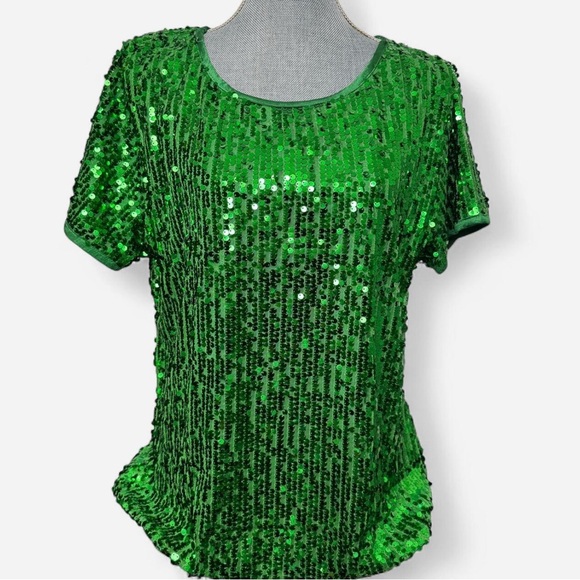 XL Green Sequin Sparkly Top Blouse Anna-Kaci Holiday Christmas Party Glam - Picture 4 of 9